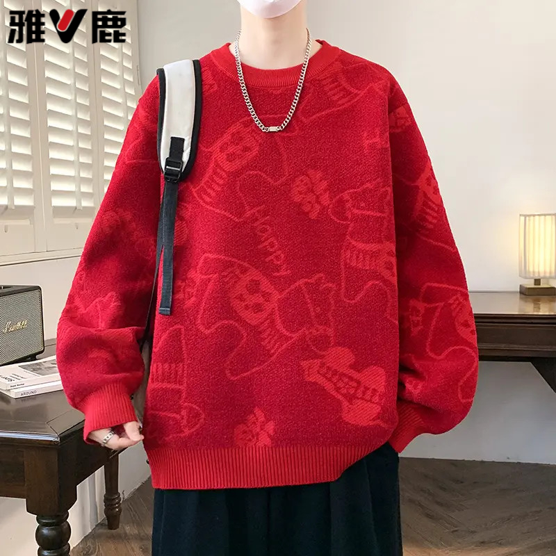 雅鹿2026秋冬马年男士动物卡通喜庆针织衫本命年情侣同款提花毛衣
