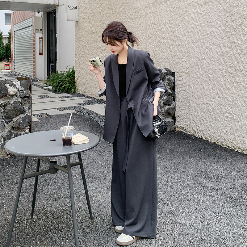 设计感绑带西装外套阔腿裤两件套女2025春新款高级感宽松休闲套装