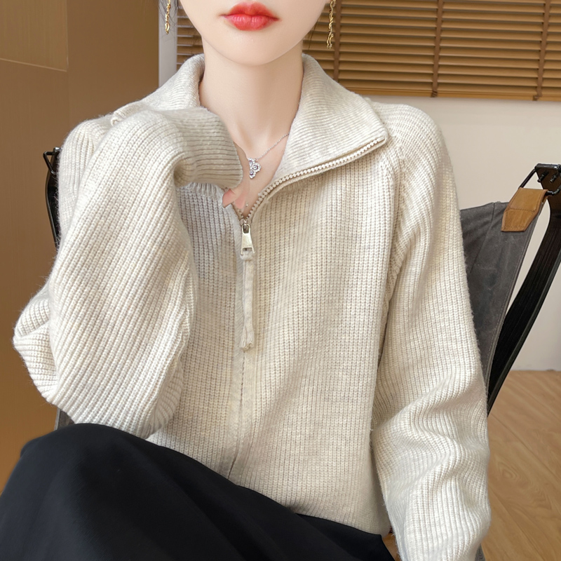 2025春秋新款立领双拉链加厚外套女洋气针织开衫休闲宽松毛衣外搭