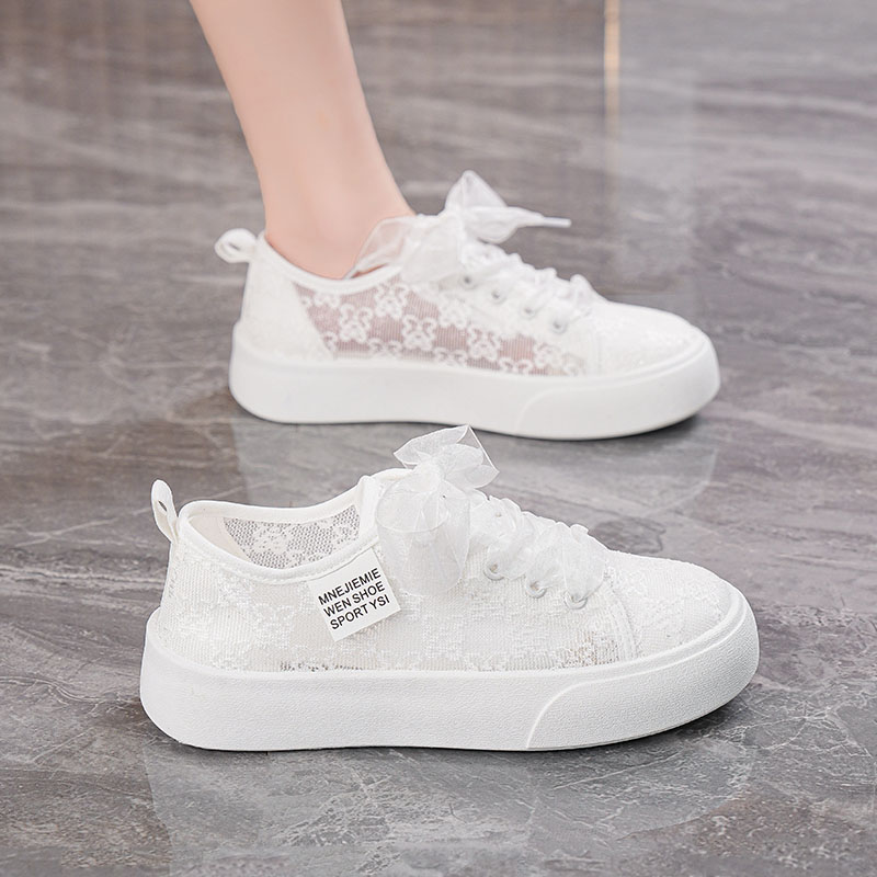 蕾丝网面小白鞋女鞋子2025夏季薄款网鞋镂空透气凉鞋厚底休闲板鞋