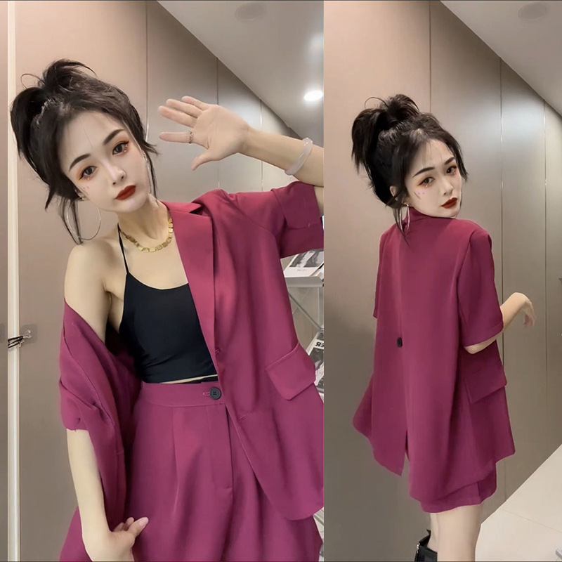 新款女韩版休闲时尚短裤两件套夏季薄款西服小西装职业短款宽松