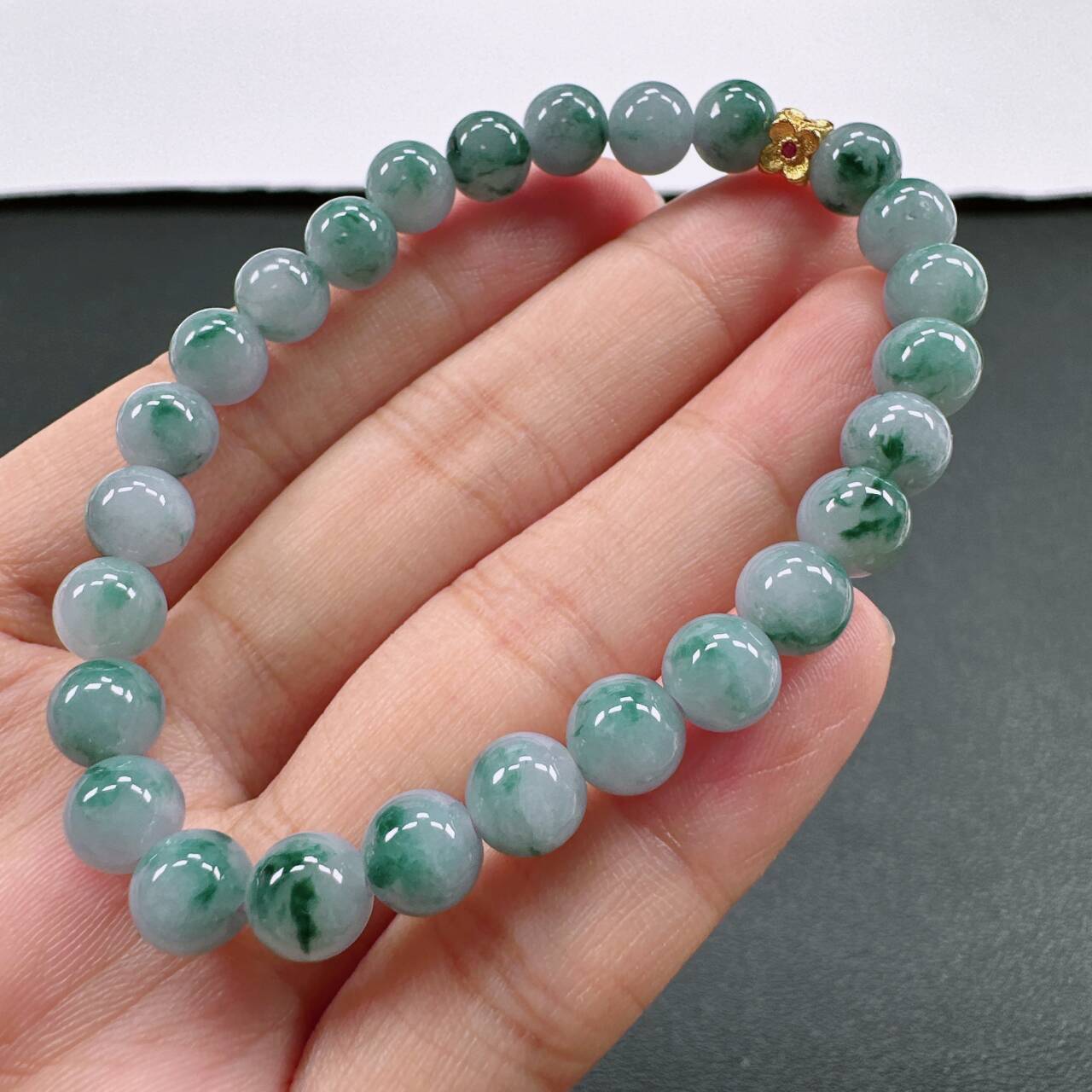 缅甸天然A货翡翠卡7mm糯冰种水润浅紫罗兰飘花圆珠女款时尚手串