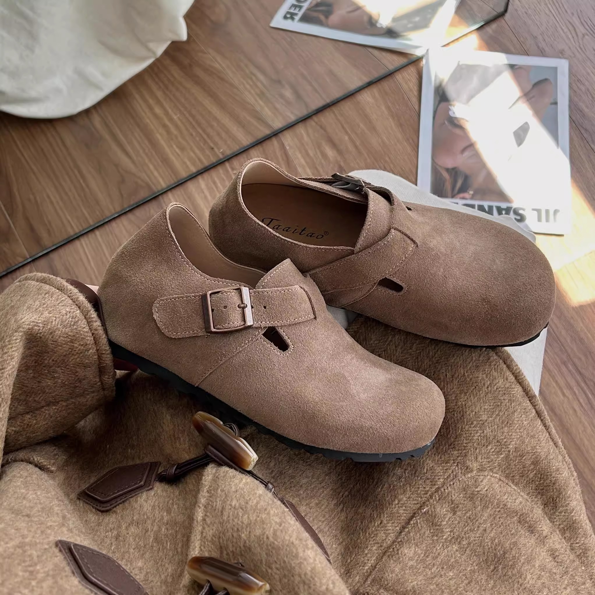 5CM厚底真皮勃肯鞋牛皮版内增高春秋新款复古一脚蹬乐福鞋女鞋子