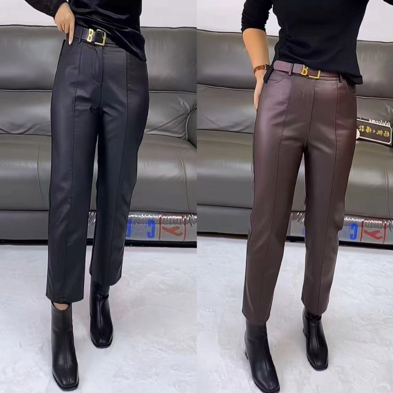 欧货秋季新款窄版显瘦时尚百搭洋气直筒烟管裤涂层皮裤九分裤女裤