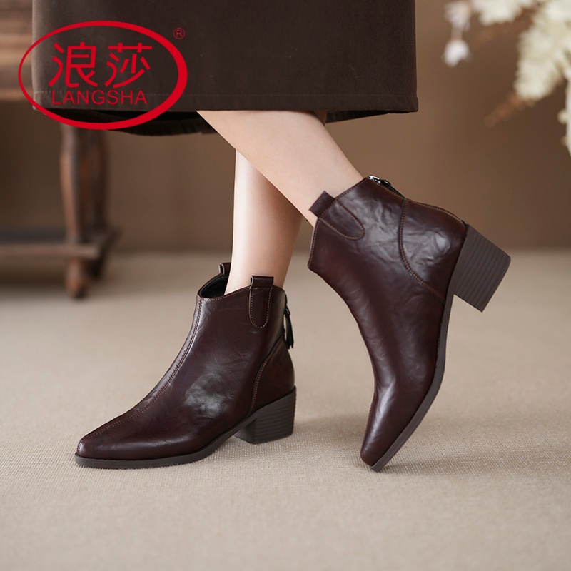 LangSha/浪莎单靴女士粗跟靴子时尚百搭女靴子2025新款高帮靴071