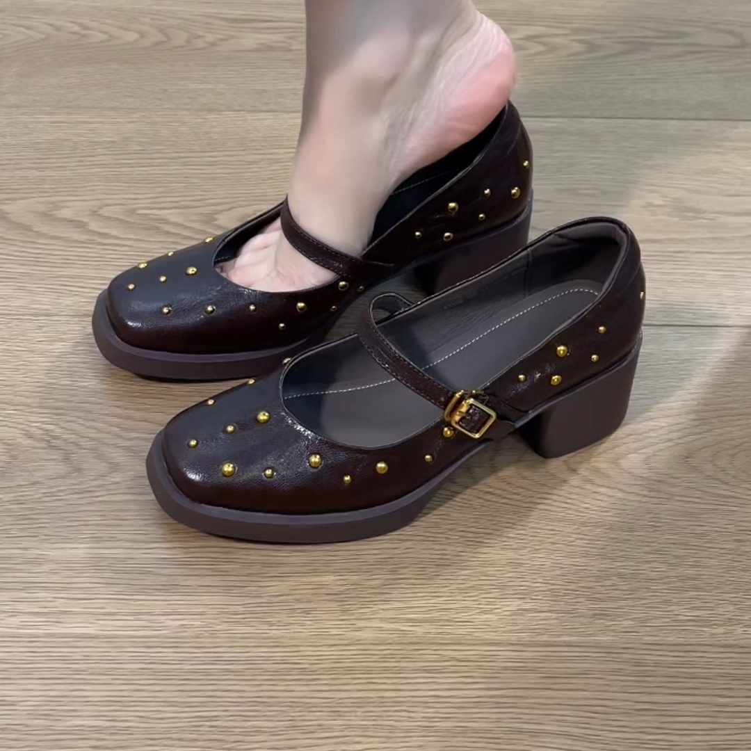2025新款学院风时尚优雅气质玛丽珍鞋小众舒适粗跟方头铆钉单鞋女