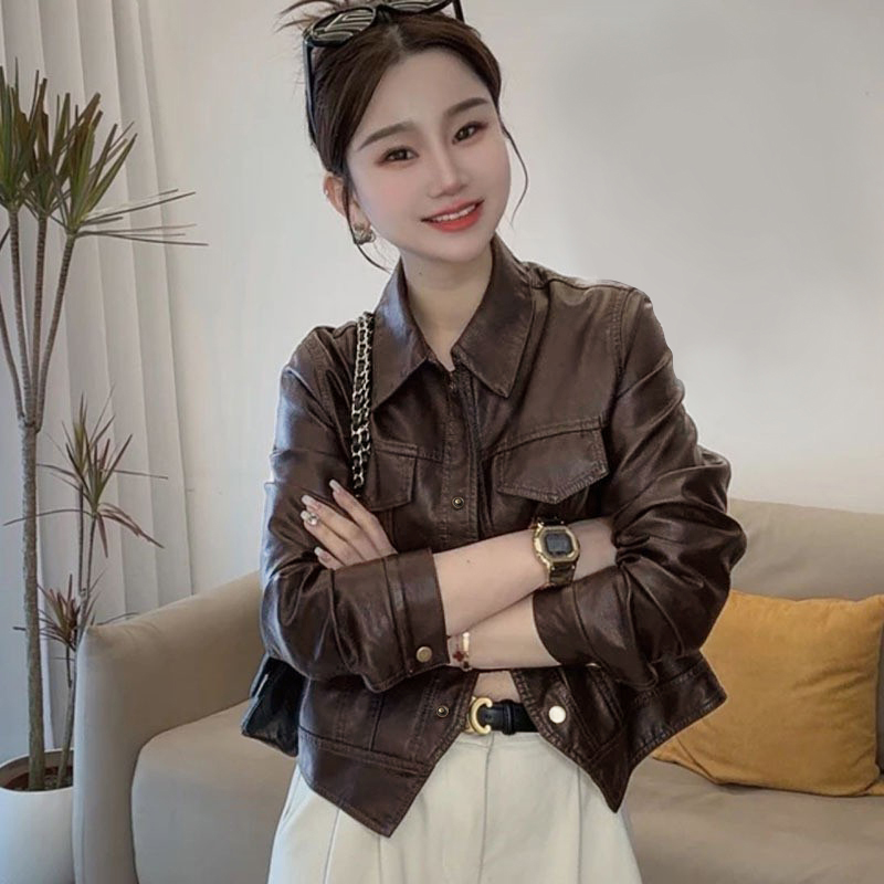 海宁复古上衣翻领港风机车秋冬新款皮衣女夹克外套A25-49