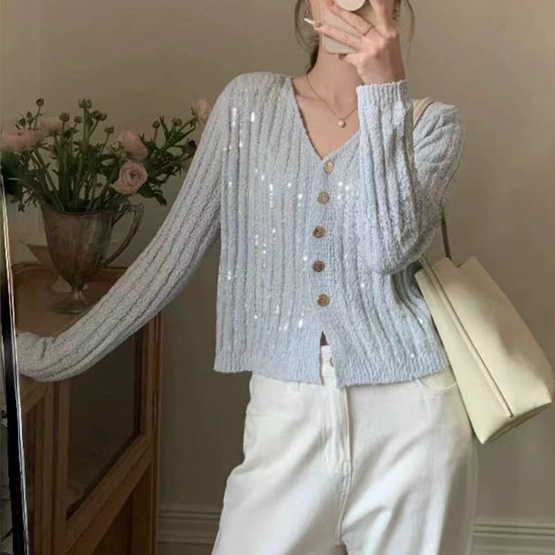 小香风轻奢亮片针织开衫女亮闪闪V领薄毛衣外套长袖早春chic上衣