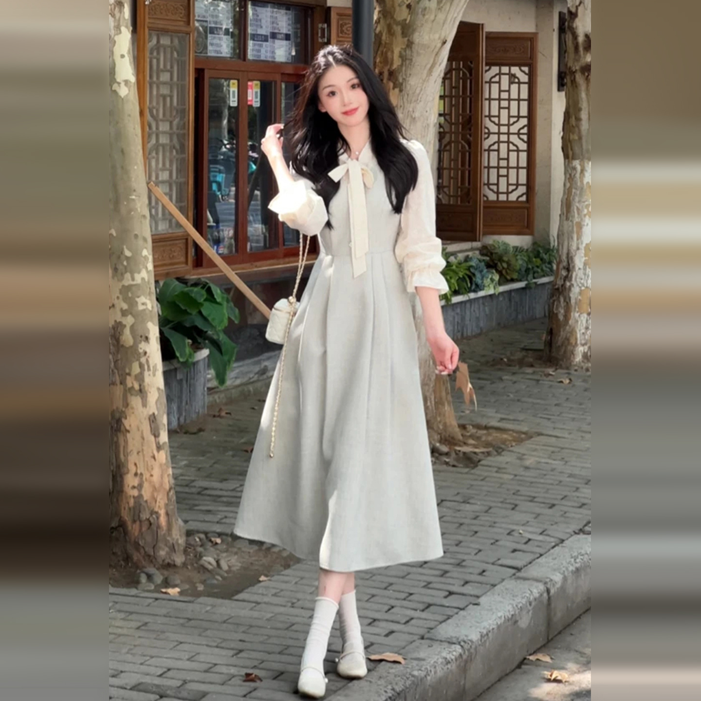 气质名媛风白色假两件长袖巨好看的早秋女装子女miu系收腰长裙