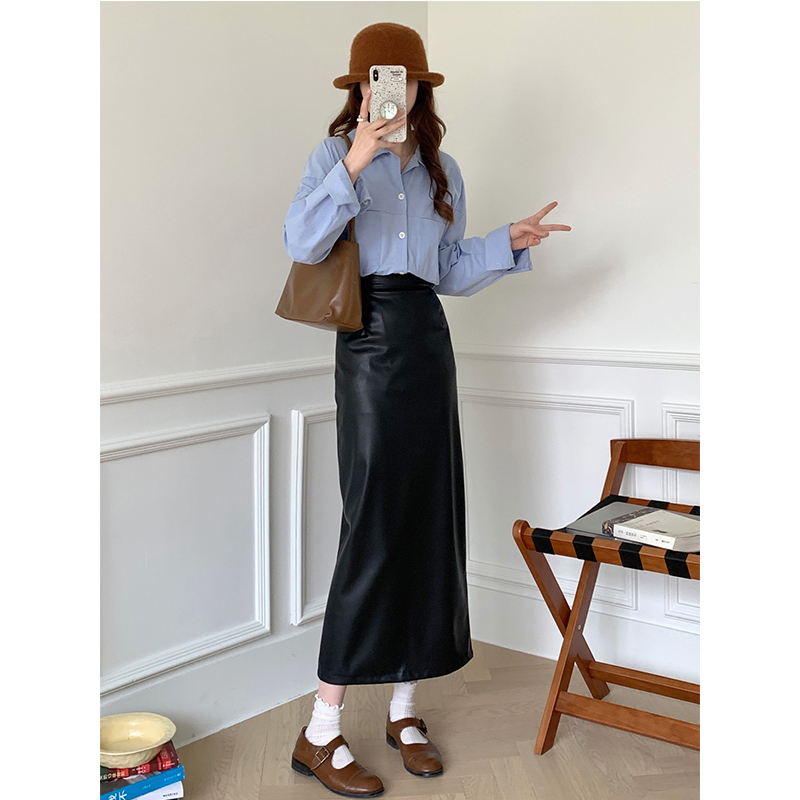 2025年秋冬黑色高腰皮裙半身裙女新款设计感直筒开叉一步裙a字裙