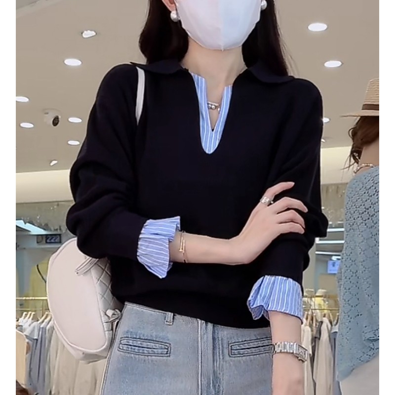 韩系假两件撞色拼接条纹针织衫女春季设计感洋气减龄v领长袖上衣