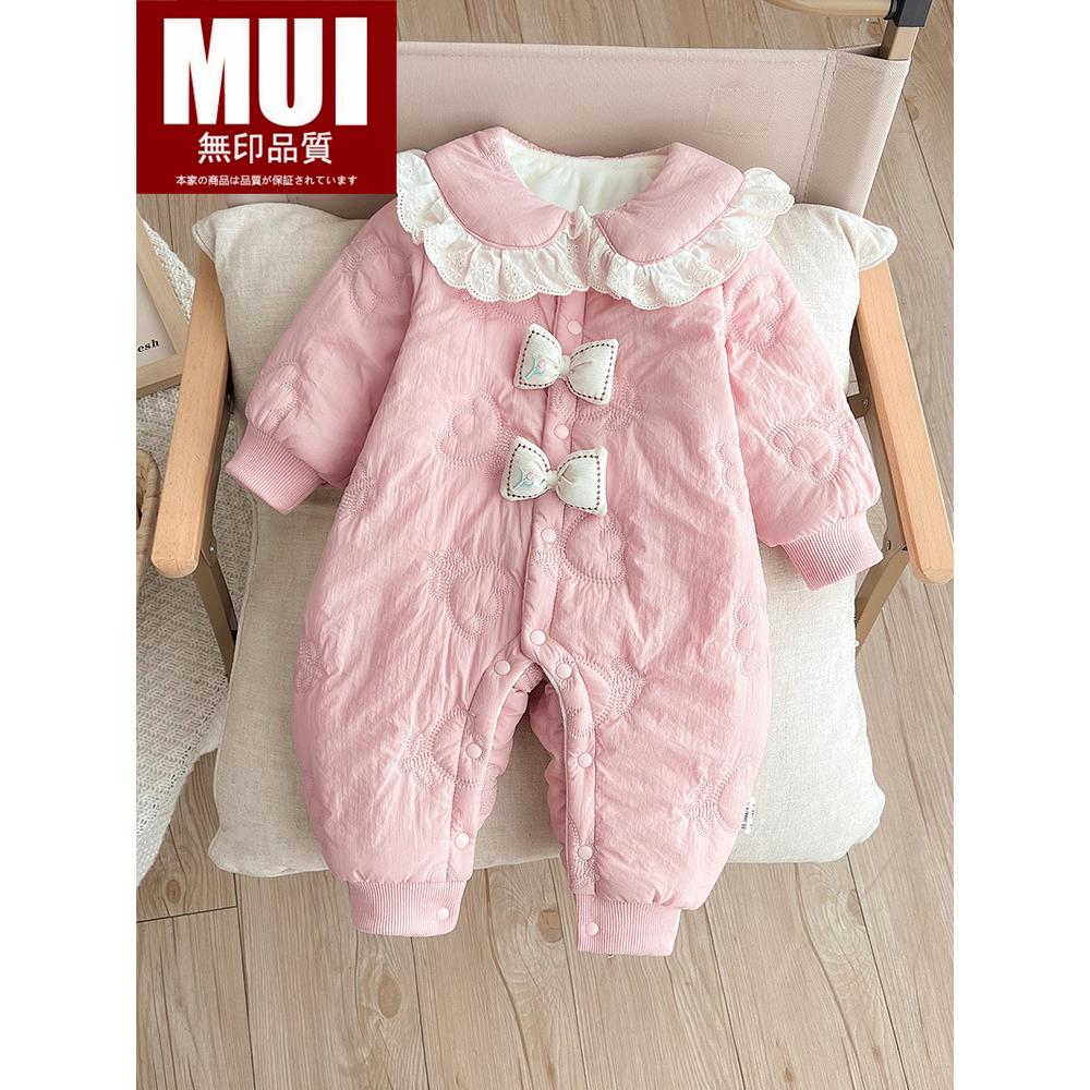 日本无印品质新生婴儿秋冬装新款薄衣公主风超萌蝴蝶结哈衣加绒女