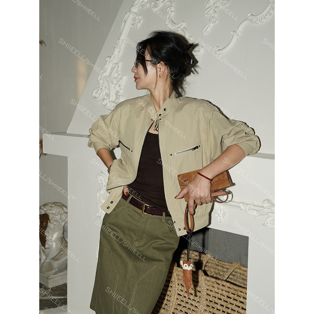 SHIIEELL美式工装风气质休闲莱赛尔棉复古拉链装饰短款外套Z2116