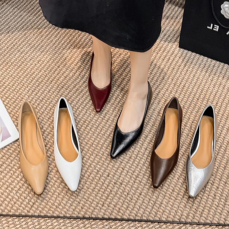 2025春夏季百搭时尚真皮极简风尖头单鞋女鞋软面百搭浅口鞋单鞋女