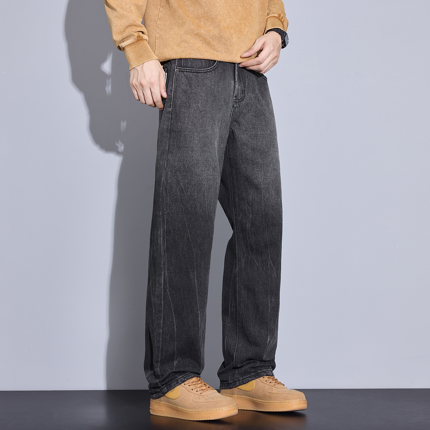 Kuvine2025秋季潮流扎花渐变复古宽松直筒百搭水洗弹力牛仔裤男款