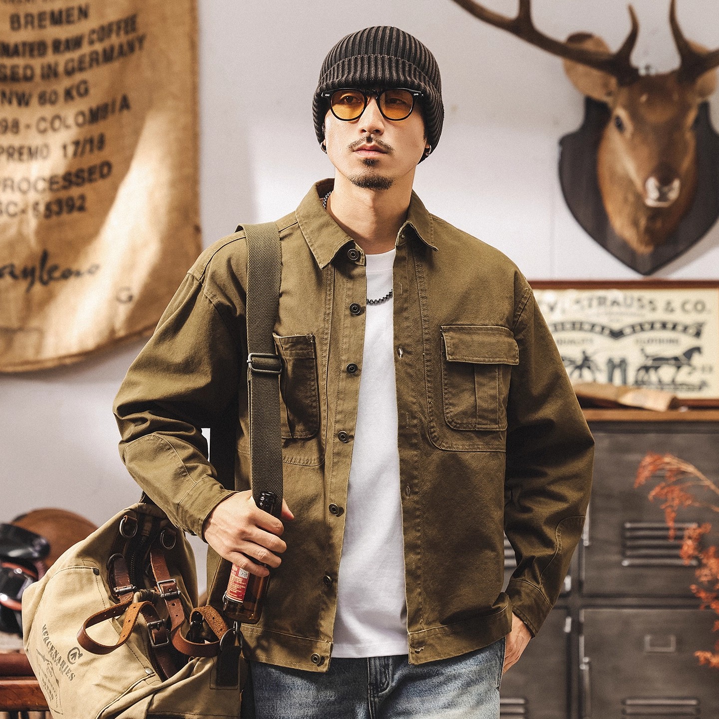 美式复古重磅工装衬衫男长袖秋冬新款潮牌宽松硬汉猎装夹克外套男