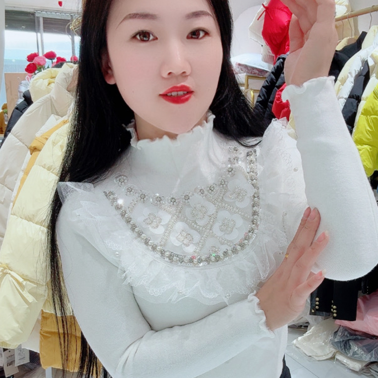 蕾丝半高领加绒打底衫女秋冬内搭洋气百搭上衣