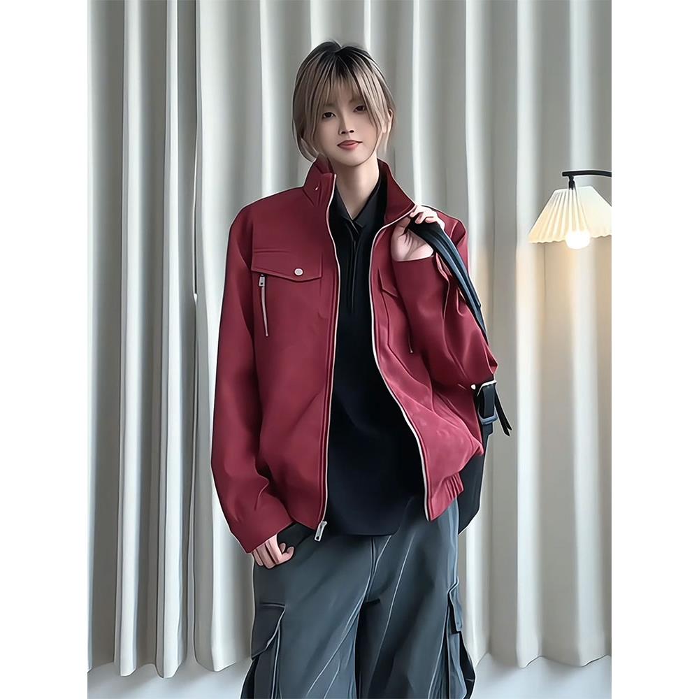 酒红色短款pu皮衣夹克男女秋季美式复古立领棒球服哈灵顿工装外套