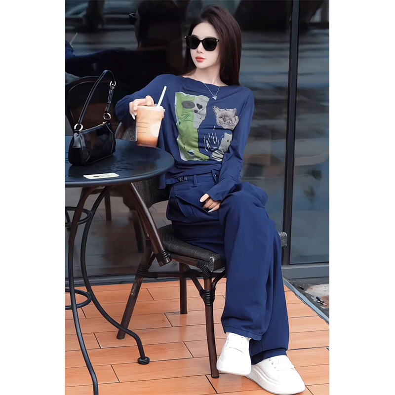 韩版时尚个性网红穿搭一整套2025夏季防晒长袖T恤上衣直筒裤套装
