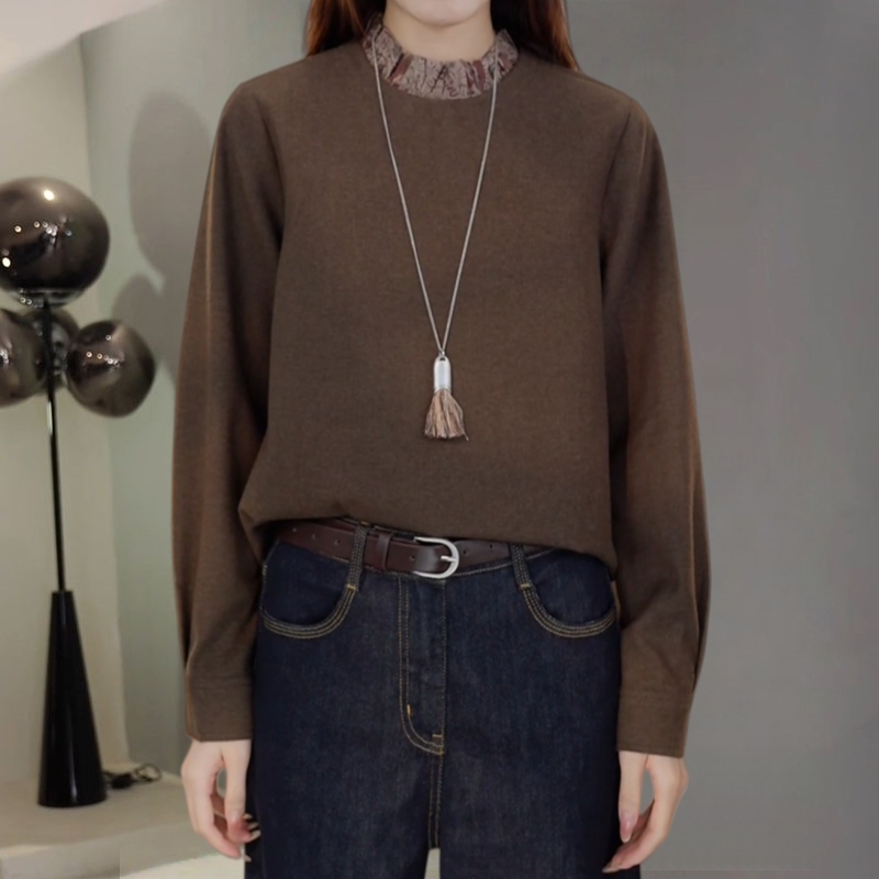 韩系拼接木耳花边半高领衬衫秋冬新款松弛感慵懒显瘦后背镂空上衣