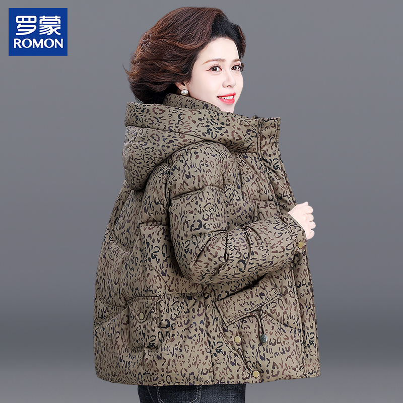 罗蒙洋气妈妈冬装时尚羽绒棉服中年花色连帽外套短款中老年女棉衣