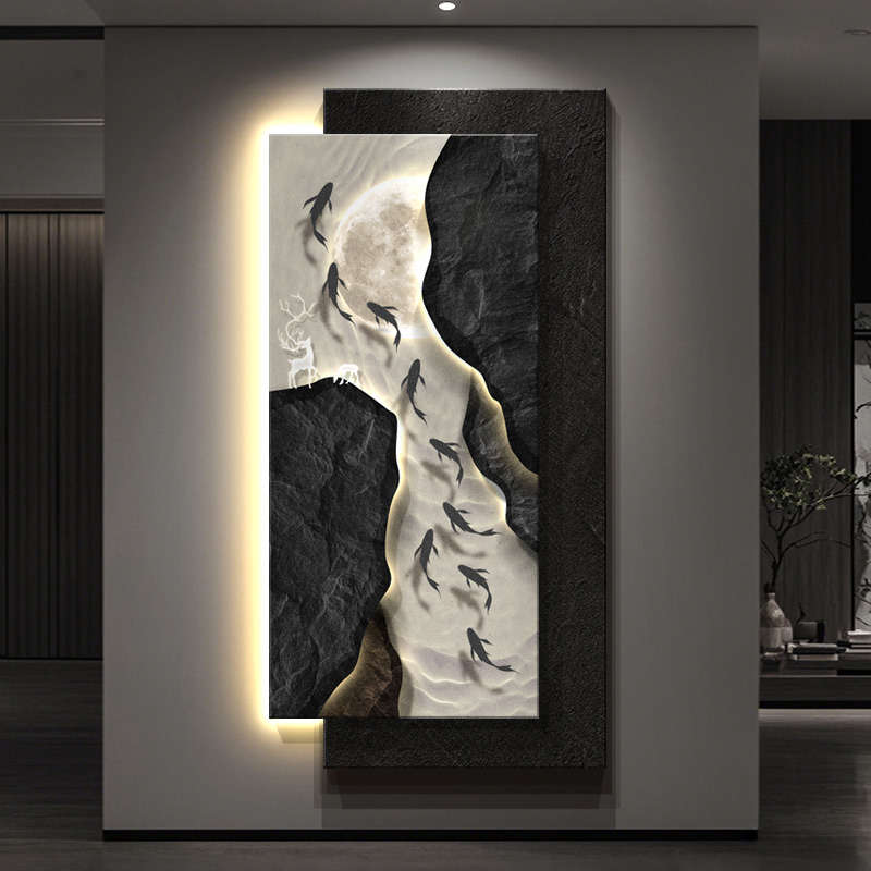 现代轻奢高级感玄关装饰画立体砂岩九鱼图挂画入户门正对墙壁灯画