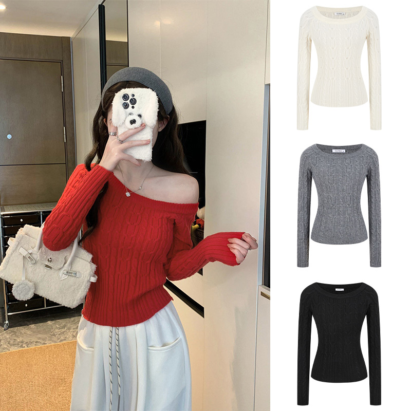 Moses Queen/魔西女王辣妹斜肩针织衫女冬季复古麻花露肩打底毛衣