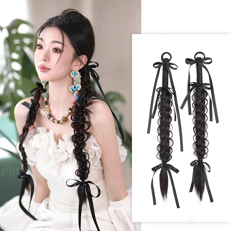 新中式假发女秀禾新娘晨袍造型鱼骨辫扭扭辫丝带编发马尾帽子