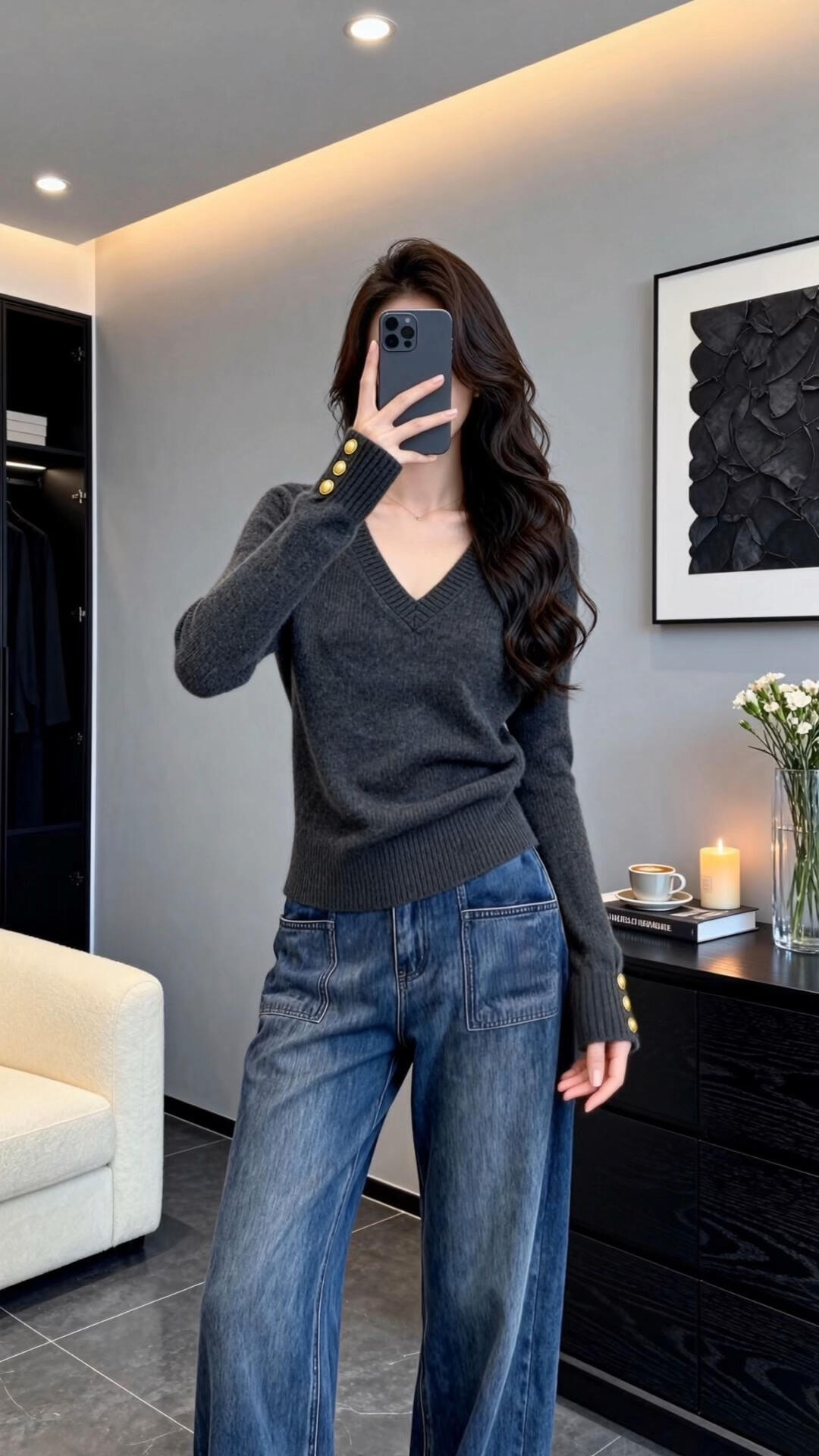 简约气质高级感休闲百搭风灰色针织衫V领长袖纽扣设计修身打底衣