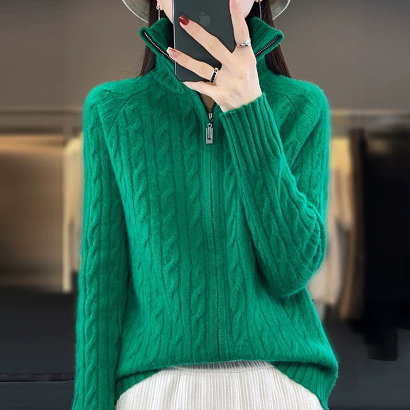 100%纯羊毛衫女士冬季宽松加厚保暖拉链针织开衫外套羊绒外穿毛衣