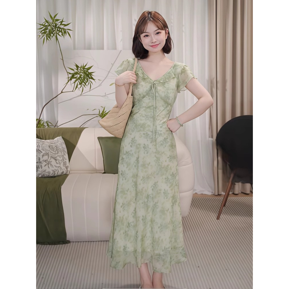绿野仙踪短袖版法式碎花显瘦小清新绿色森系连衣裙