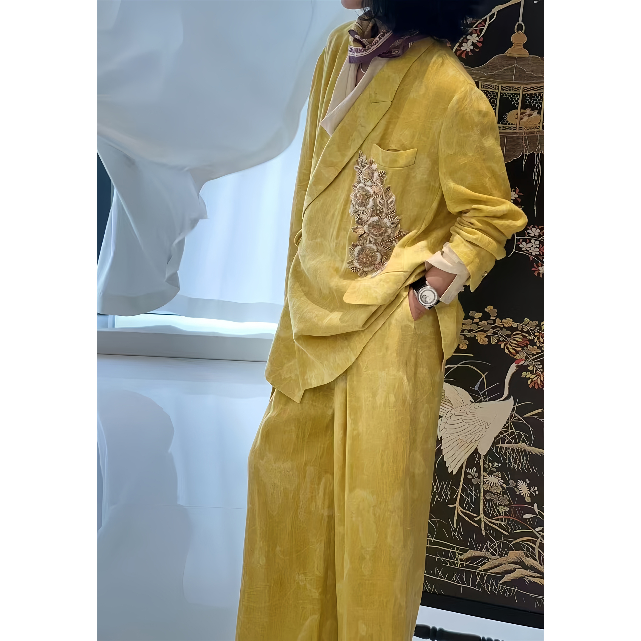 ZEROYK高定职业装2025秋季高级感重工钉珠醋酸提花西服长裤两件套