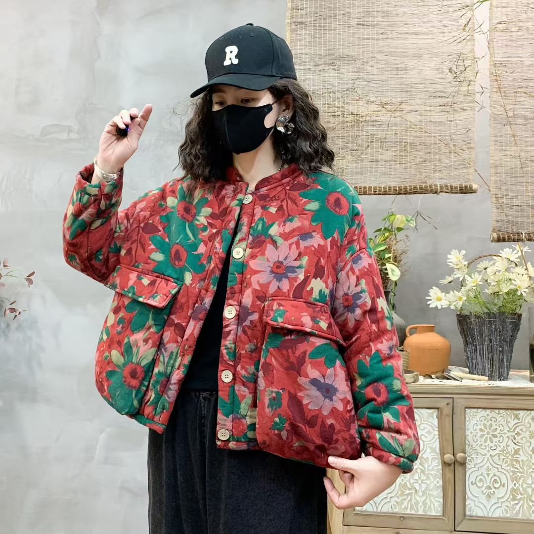 冬季新款宽松加厚加绒加棉复古时尚休闲砂洗炒色工艺花色保暖棉袄