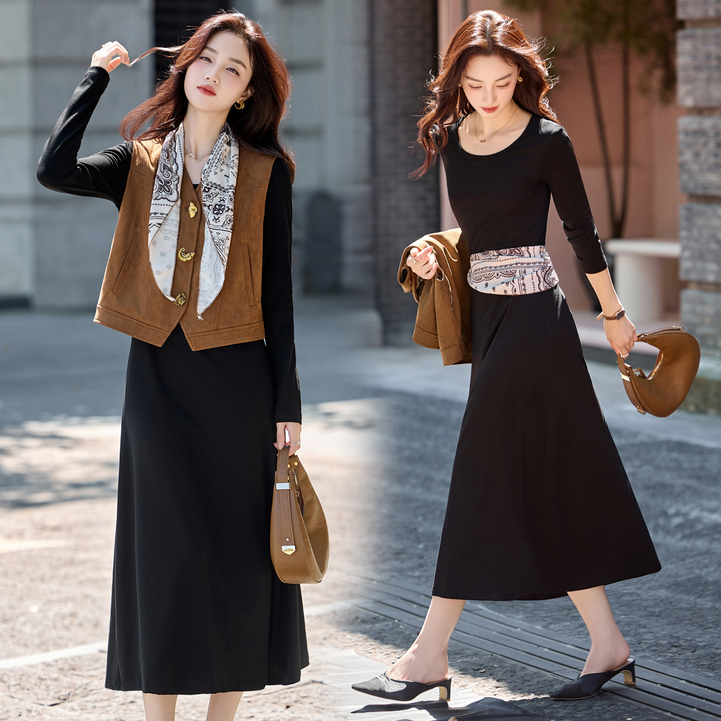 早秋季时尚马甲丝巾三件套女装2025穿搭减龄一整套洋气打底连衣裙