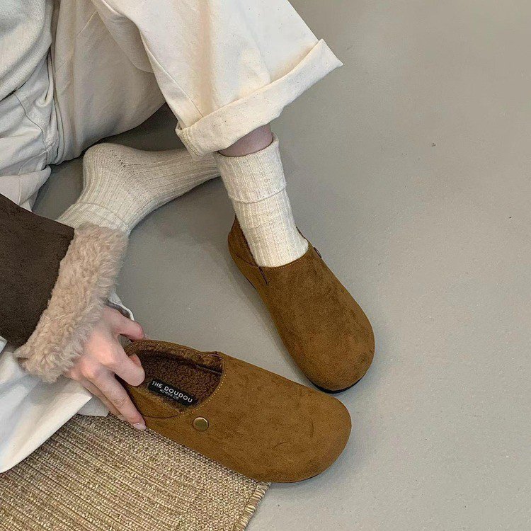 秋冬加绒保暖棉鞋女踩跟一脚蹬懒人鞋森系复古勃肯鞋棕色小皮鞋女