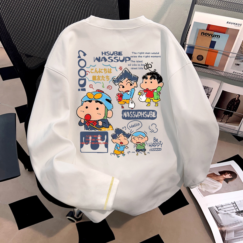 WASSUP HSUBE设计感趣味卡通长袖重磅T恤情侣百搭宽松上衣体恤衫