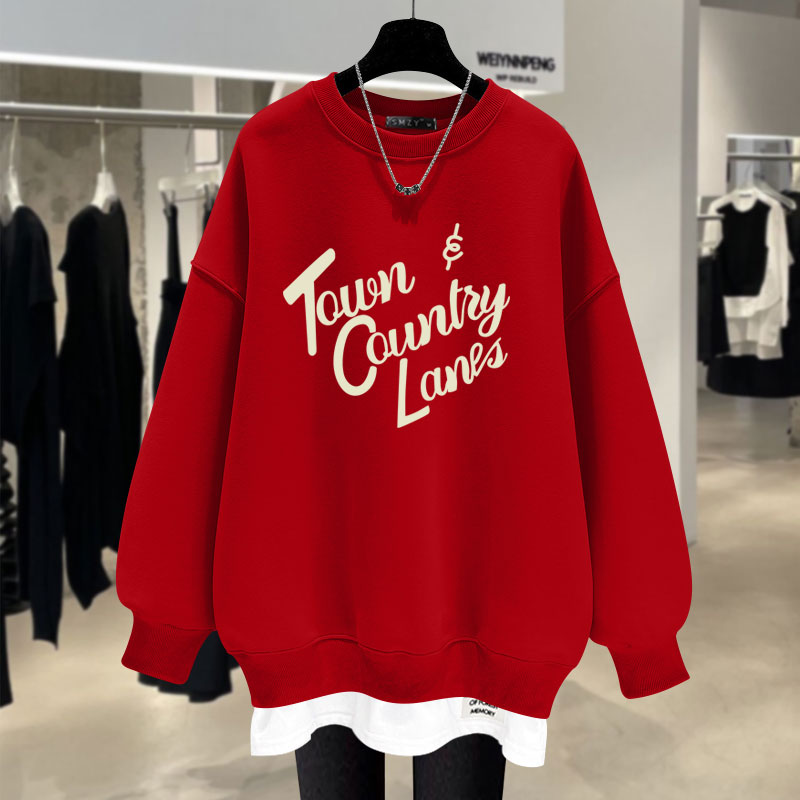 搭配鲨鱼裤大红色假两件卫衣女2025春秋冬时尚字母中长款遮屁股潮