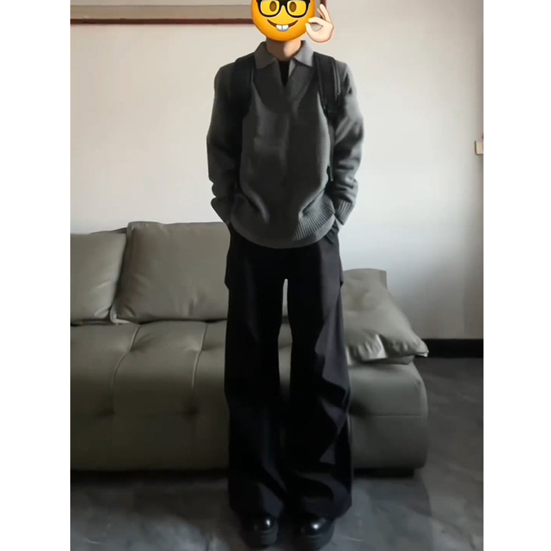 美式复古假两件v领毛衣男秋季cleanfit老钱风灰色polo针织打底衫