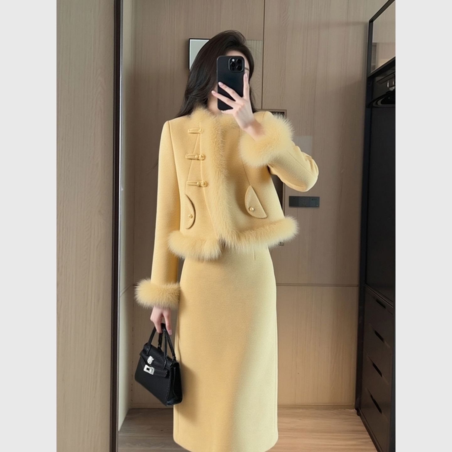 裙子秋冬款一整套大方得体气质小香风套装黄色毛呢外套半身裙套装