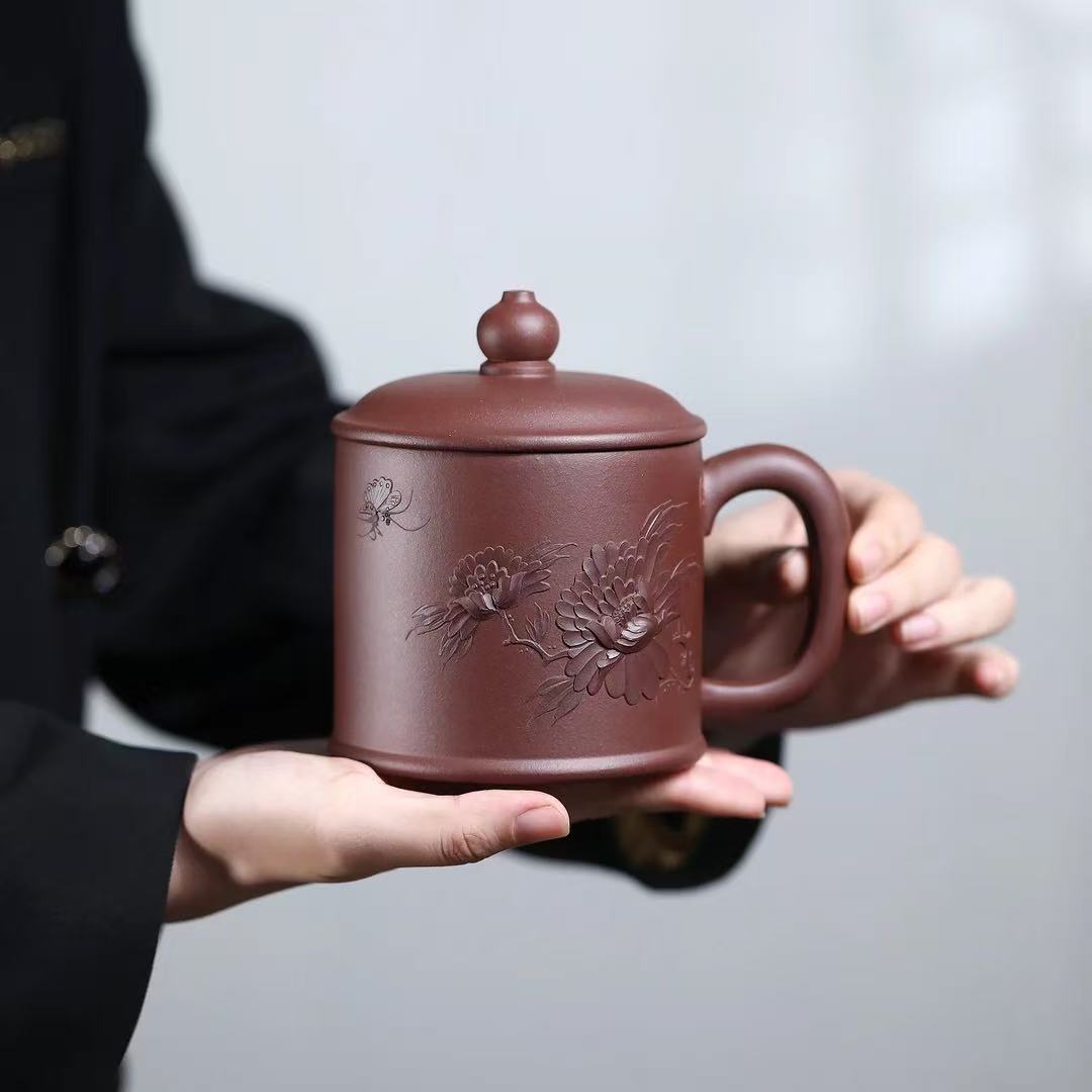 雪涓宜兴原矿紫砂紫气东来款泥绘牡丹办公杯实用器