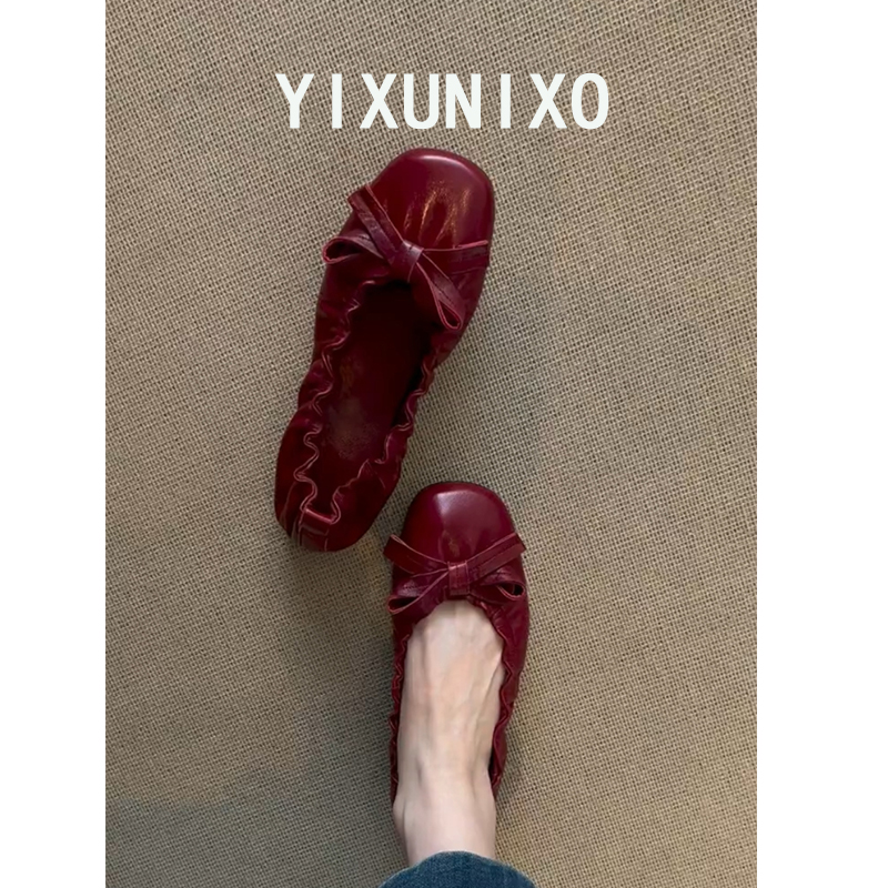 超软小羊皮复古褶皱蝴蝶结平底芭蕾舞鞋通勤百搭一脚蹬浅口单鞋女