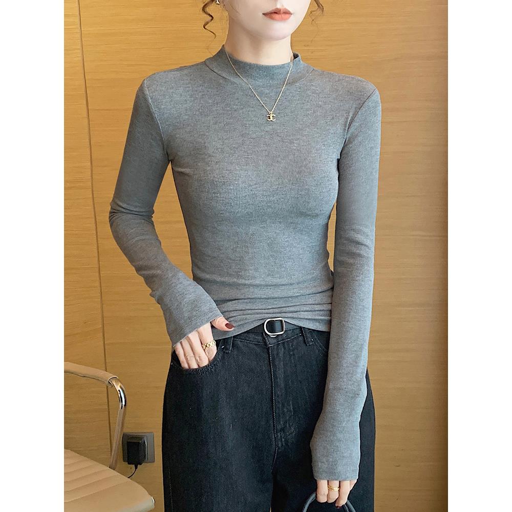 VOCKOO灰色半高领打底衫女内搭春秋冬2025新款螺纹针织修身洋气长