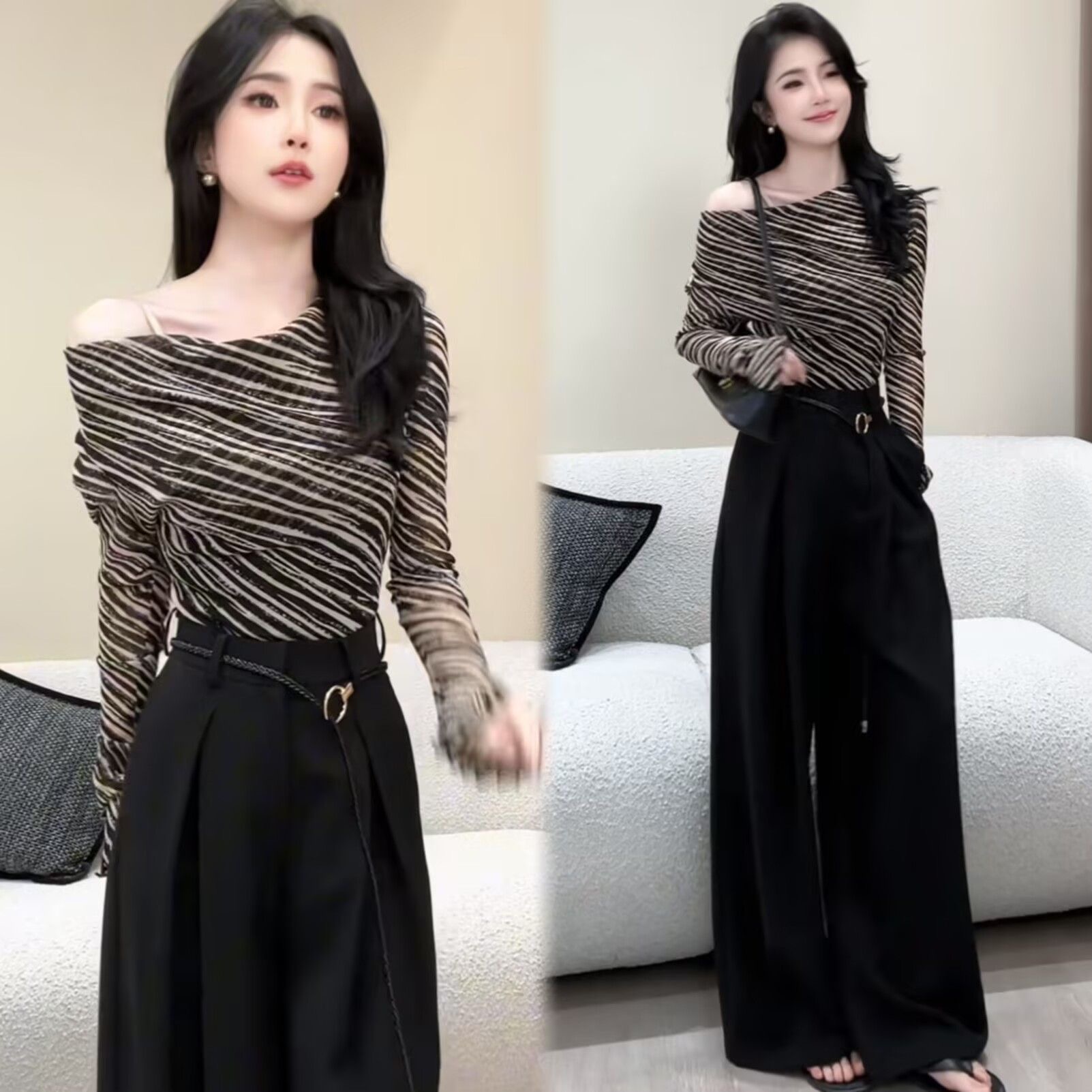 秋季女套装时髦时尚洋气设计感小众长袖上衣高腰阔腿裤气质两件套