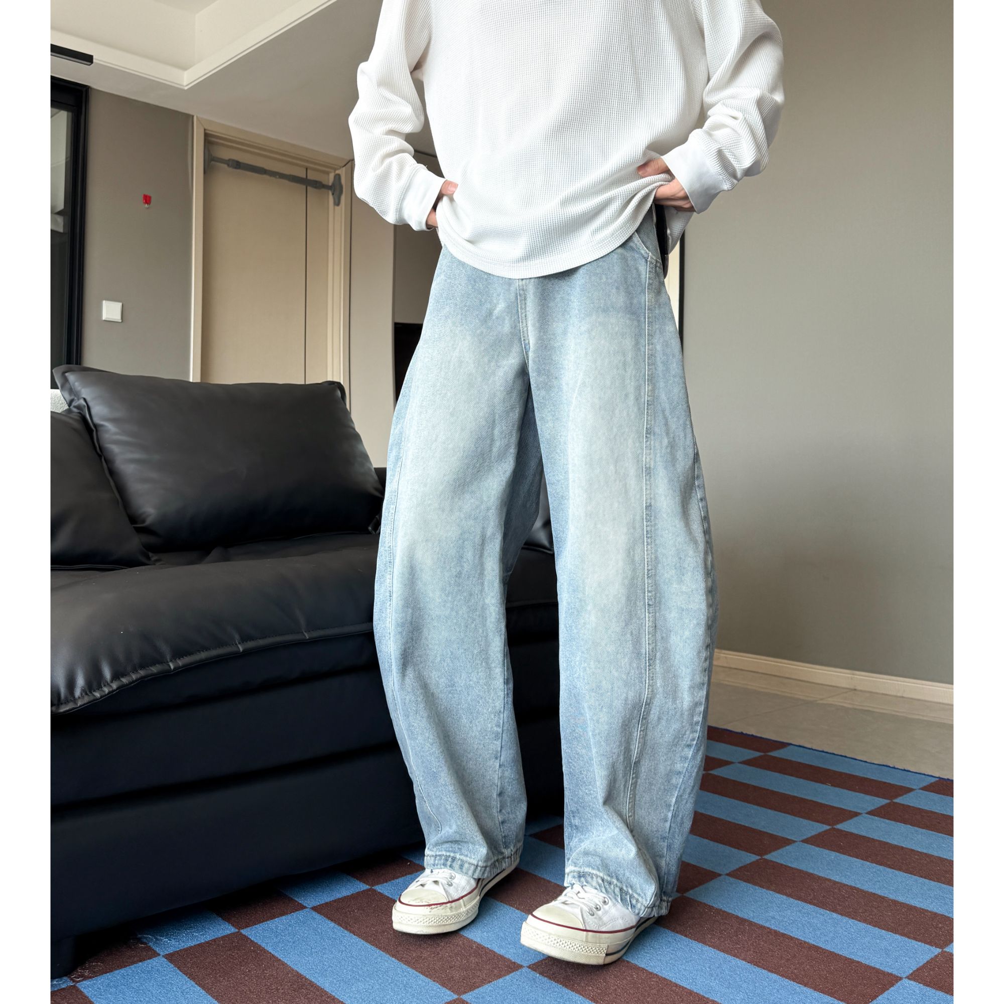 高街弯刀宽松百搭阔腿裤水洗牛仔裤男女春秋秋季复古潮流美式休闲