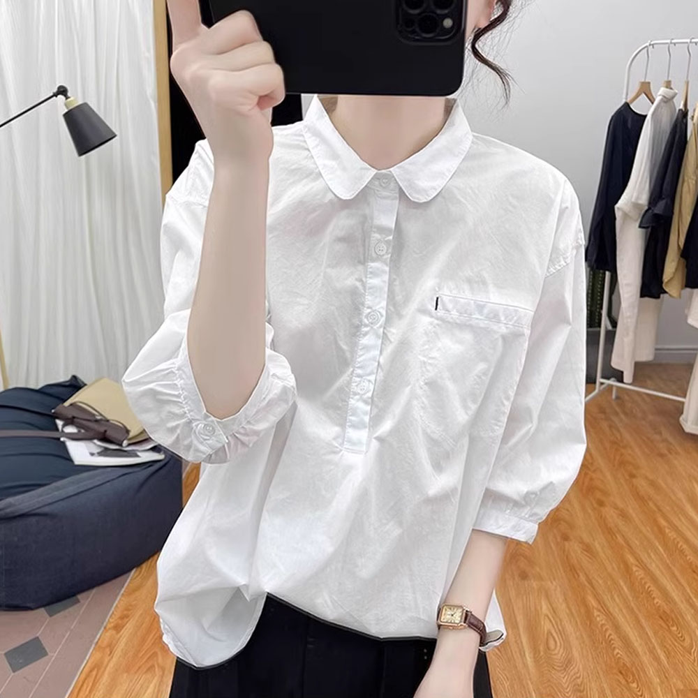 纯棉灯笼短袖衬衫女减龄上衣夏季新款法式元宝领衬衣时尚休闲衬衣