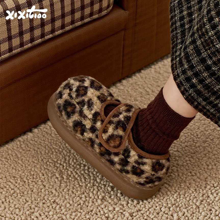 细细条 豹纹魔术贴面包鞋女冬外穿厚底玛丽珍毛毛鞋加绒豆豆棉鞋