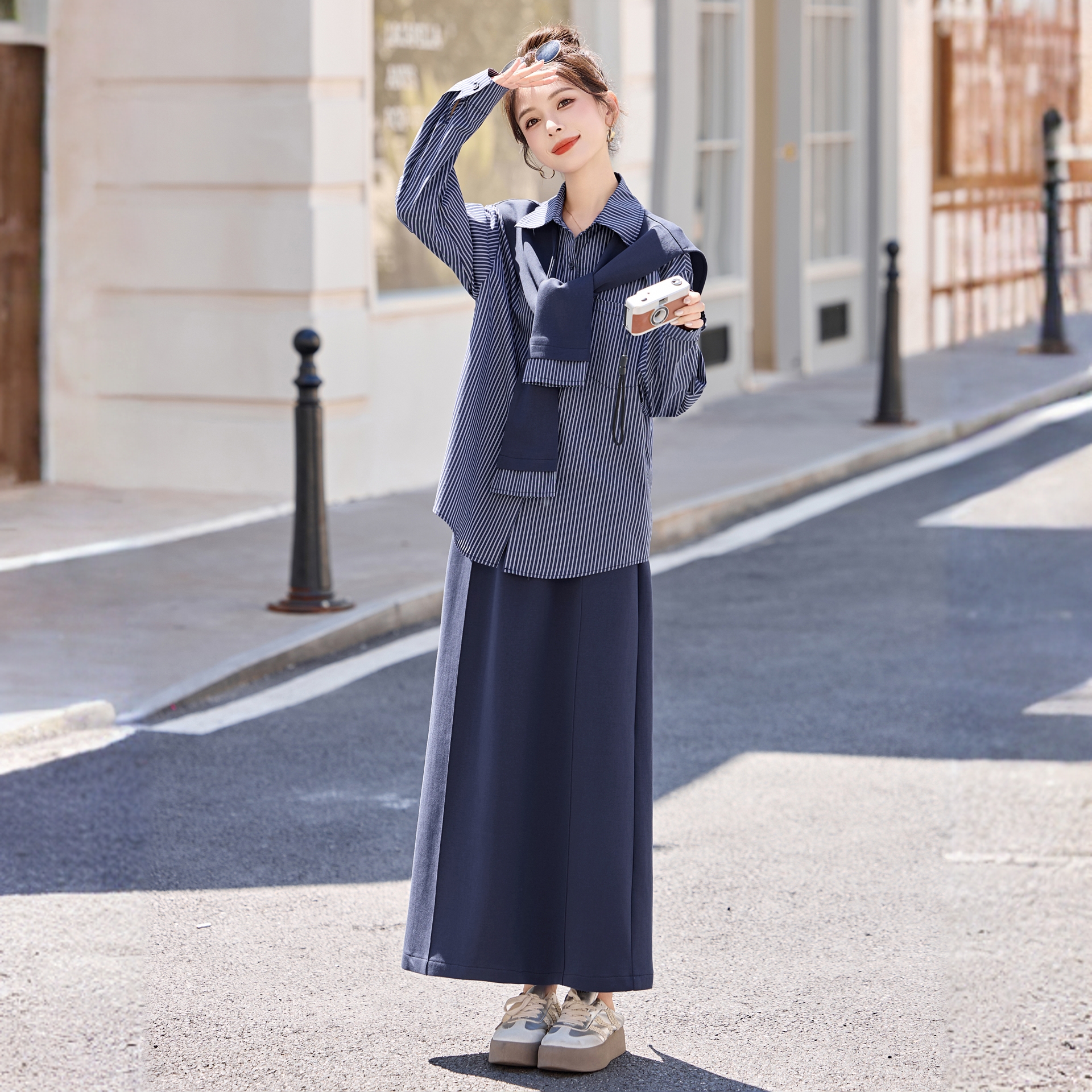 玛古芭韩系气质披肩条纹衬衫套装裙女2025秋季新款休闲减龄半身裙
