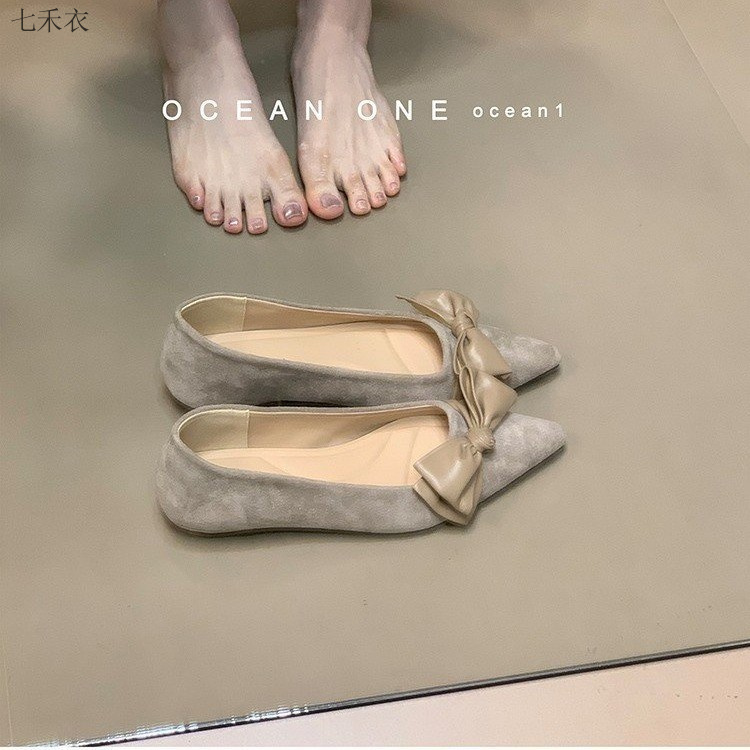 尖头蝴蝶结绒面低跟气质浅口单鞋女2025秋季新款百搭一脚蹬通勤鞋