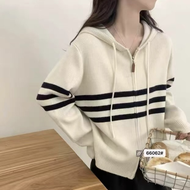 761-三条纹连帽学院风宽松毛衣针织衫秋冬新款韩版双拉链针织外搭