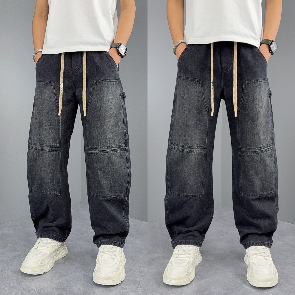 秋季新款男士贴布拼接牛仔裤休闲百搭直筒裤痞帅复古哈伦阔腿长裤